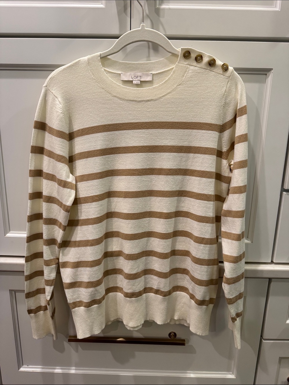 LOFT Cream & Tan Striped Crewneck Sweater with Shoulder Buttons